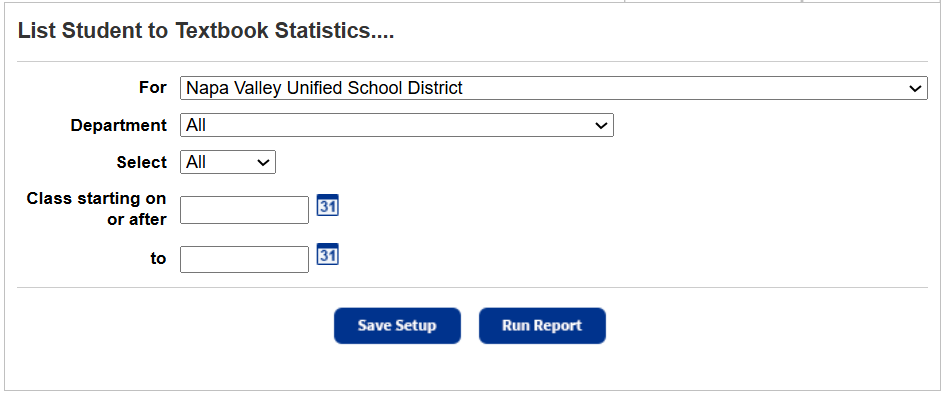 Student to textbook statistics report setup page